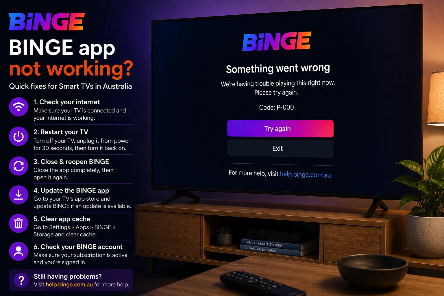 BINGE app not working Australia Smart TV Chromecast troubleshooting setup