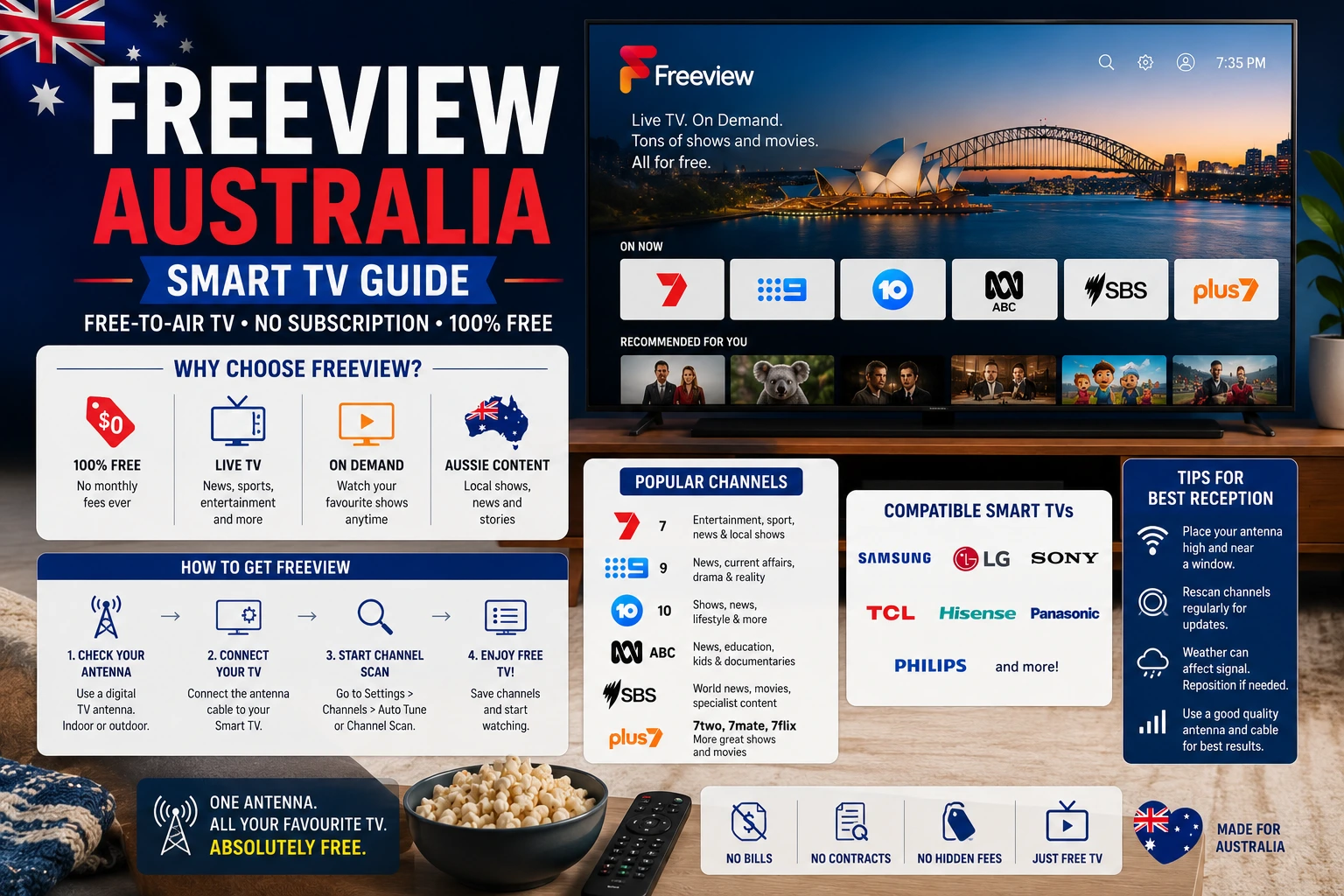 Freeview Australia Smart TV setup with ABC iview SBS On Demand 7plus 9Now and 10 app tiles