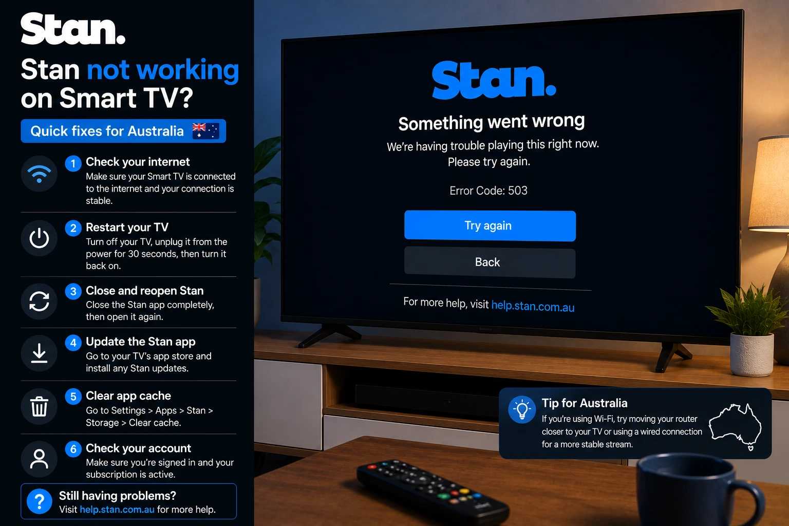 Stan not working Smart TV Australia troubleshooting with TV app and Wi-Fi setup